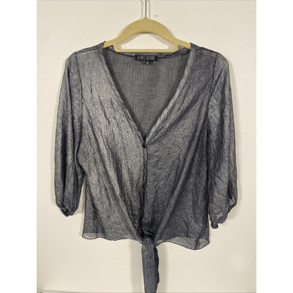 Love Culture Women's Size L V Neck L/S Shimmer Black Sheer Top Tie‎ At Waist H1